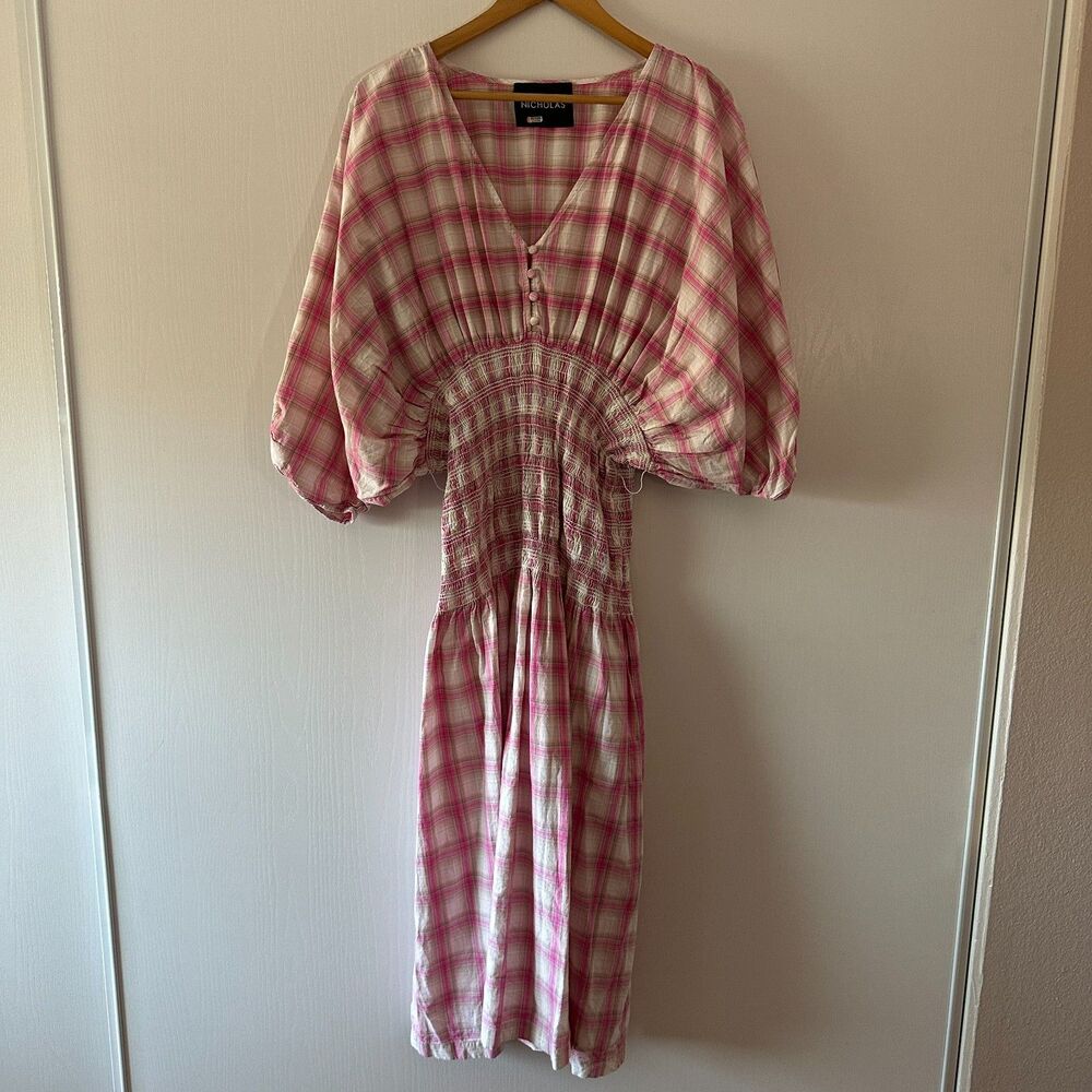 NICHOLAS Revolve Smocked Panel Dress Peony 100% Cotton Size US 16 - Picture 2 of 10